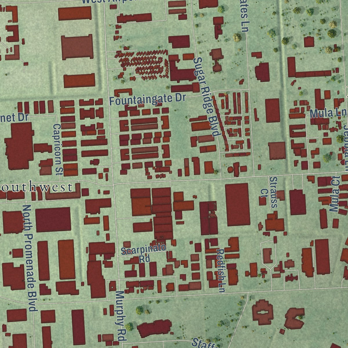 Close-up of the map of Stafford, Texas print showing street and building detail