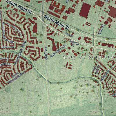 Second close-up of the map of Stafford, Texas print showing more streets and buildings