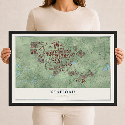 Map of Stafford, Texas, 12 x 18 inch print in a black wood frame