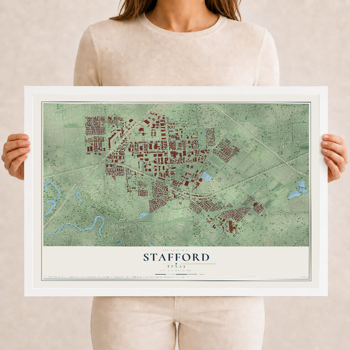 Map of Stafford, Texas, 12 x 18 inch print in a white wood frame