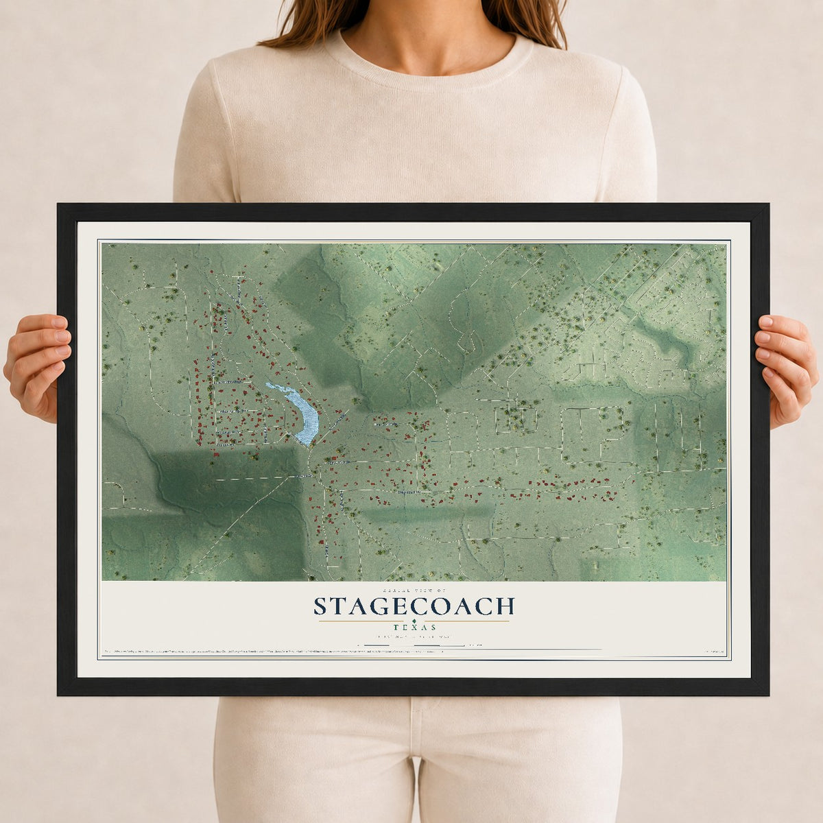 Map of Stagecoach, Texas, 12 x 18 inch print in a black wood frame