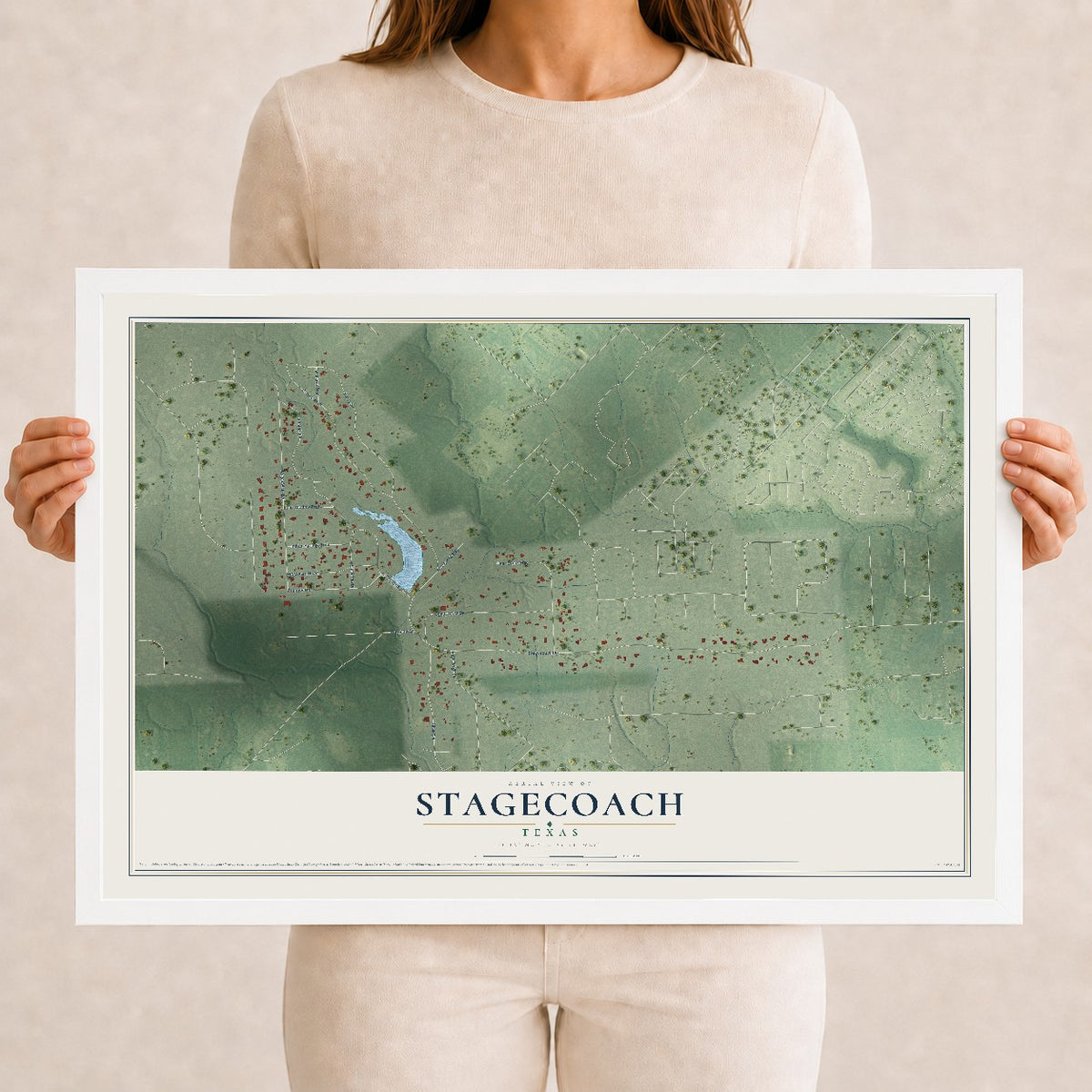 Map of Stagecoach, Texas, 12 x 18 inch print in a white wood frame