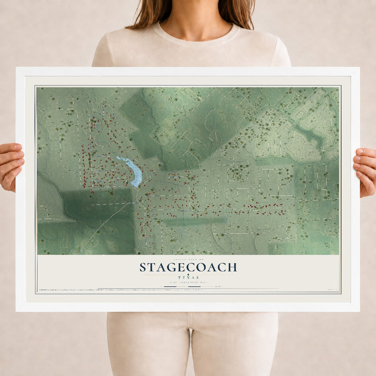 Map of Stagecoach, Texas, 18 x 24 inch print in a white wood frame