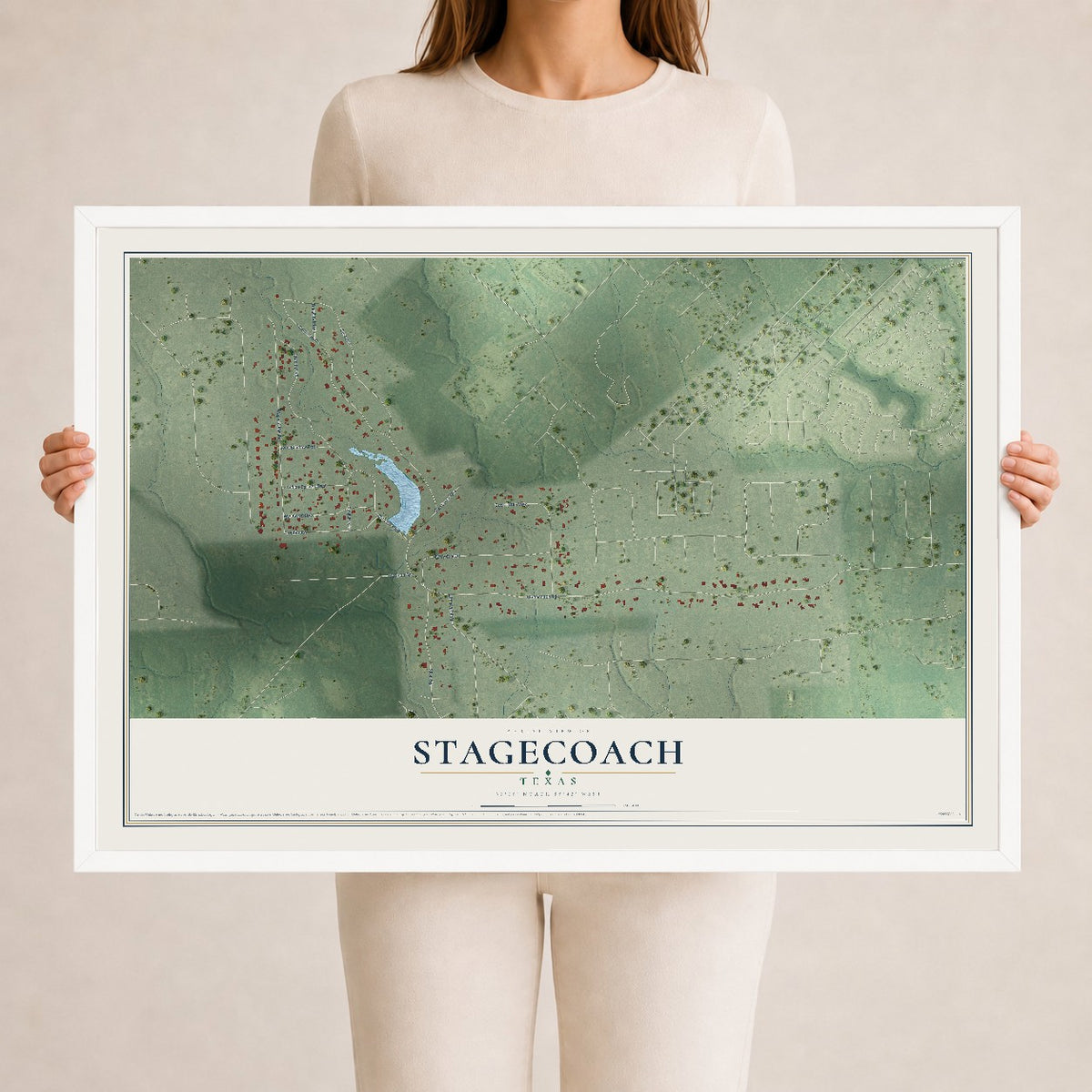 Map of Stagecoach, Texas, 24 x 36 inch print in a white wood frame