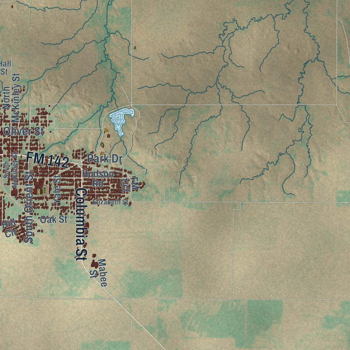 Second close-up of the map of Stamford, Texas print showing more streets and buildings