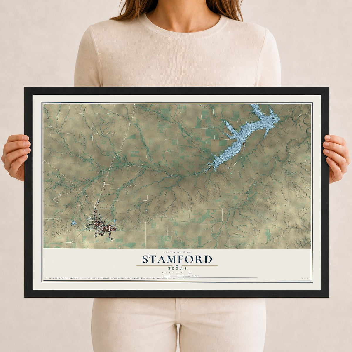 Map of Stamford, Texas, 12 x 18 inch print in a black wood frame