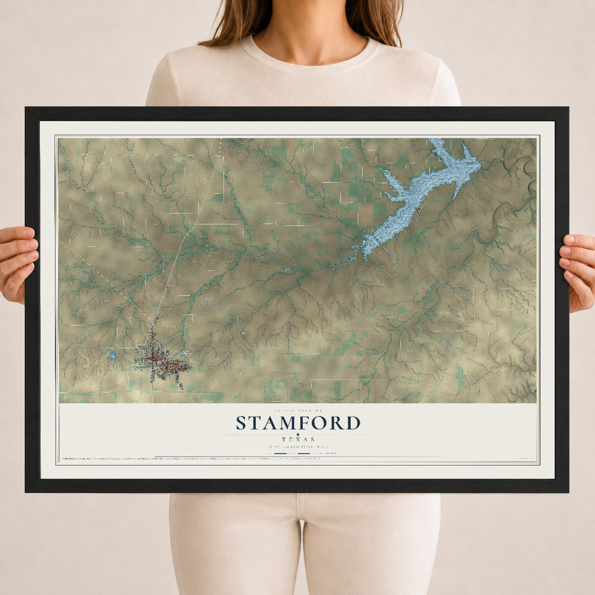 Map of Stamford, Texas, 18 x 24 inch print in a black wood frame