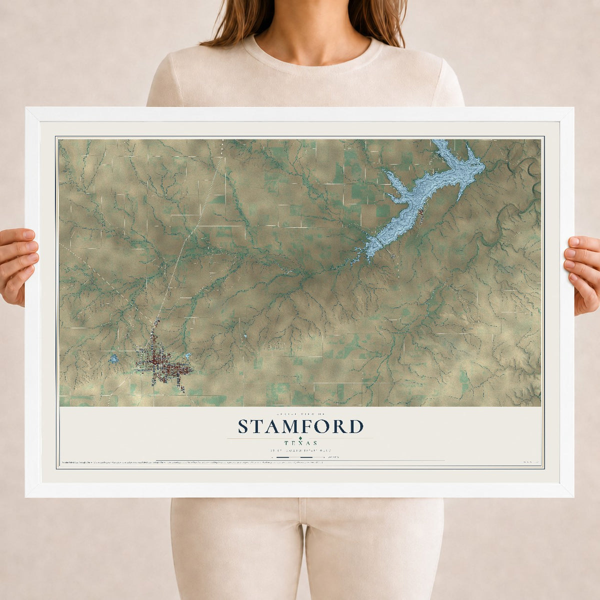 Map of Stamford, Texas, 18 x 24 inch print in a white wood frame