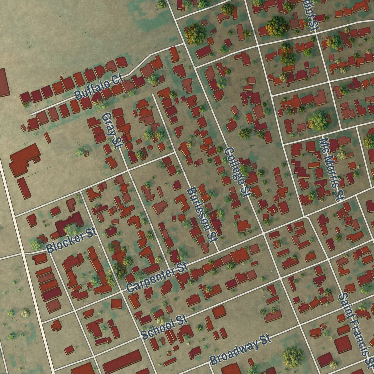 Second close-up of the map of Stanton, Texas print showing more streets and buildings