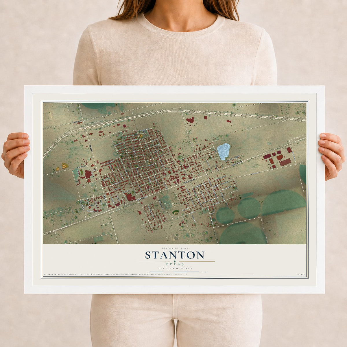 Map of Stanton, Texas, 12 x 18 inch print in a white wood frame