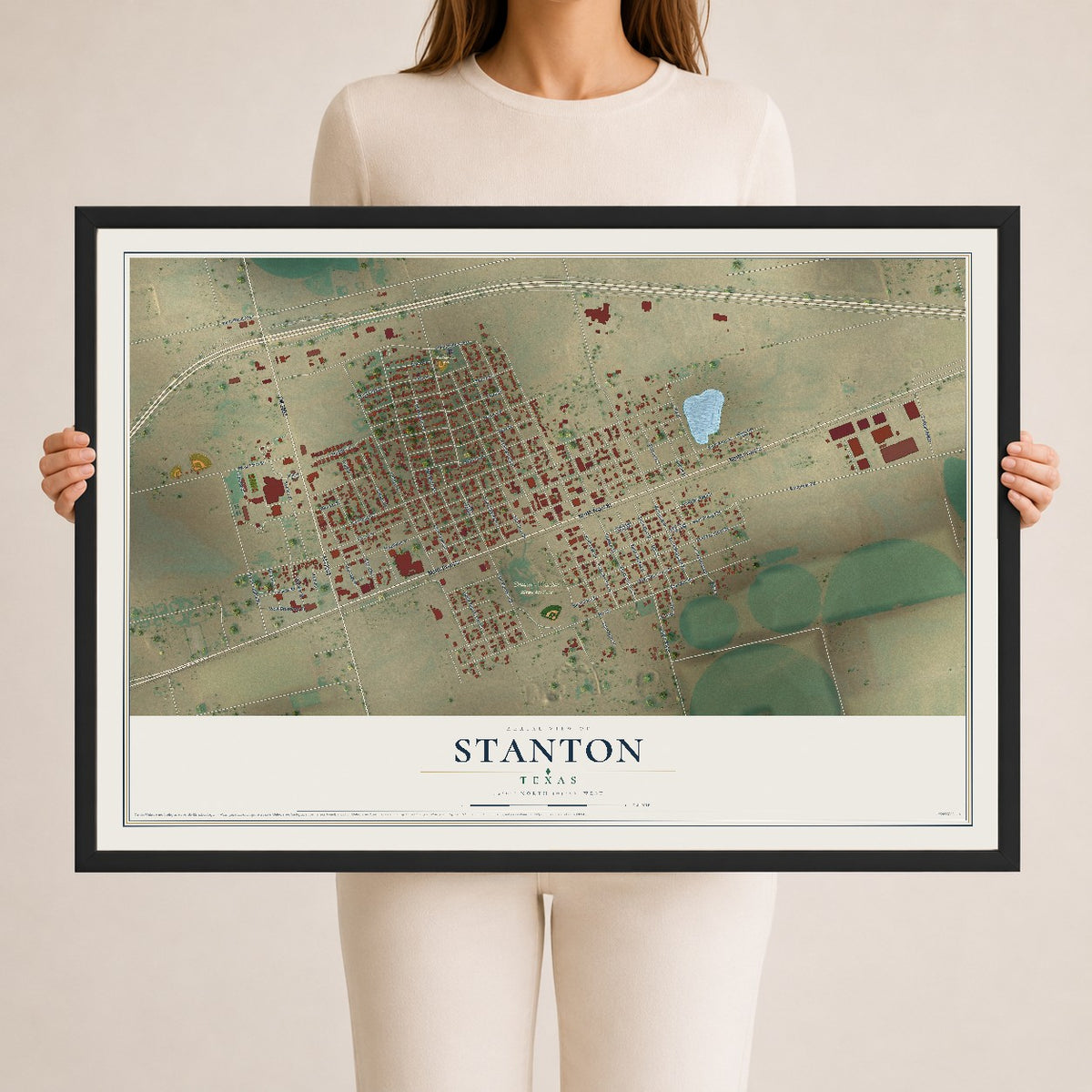 Map of Stanton, Texas, 24 x 36 inch print in a black wood frame