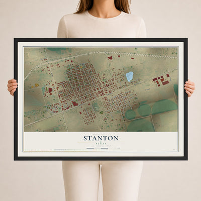 Map of Stanton, Texas, 24 x 36 inch print in a black wood frame