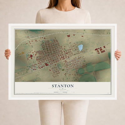 Map of Stanton, Texas, 24 x 36 inch print in a white wood frame