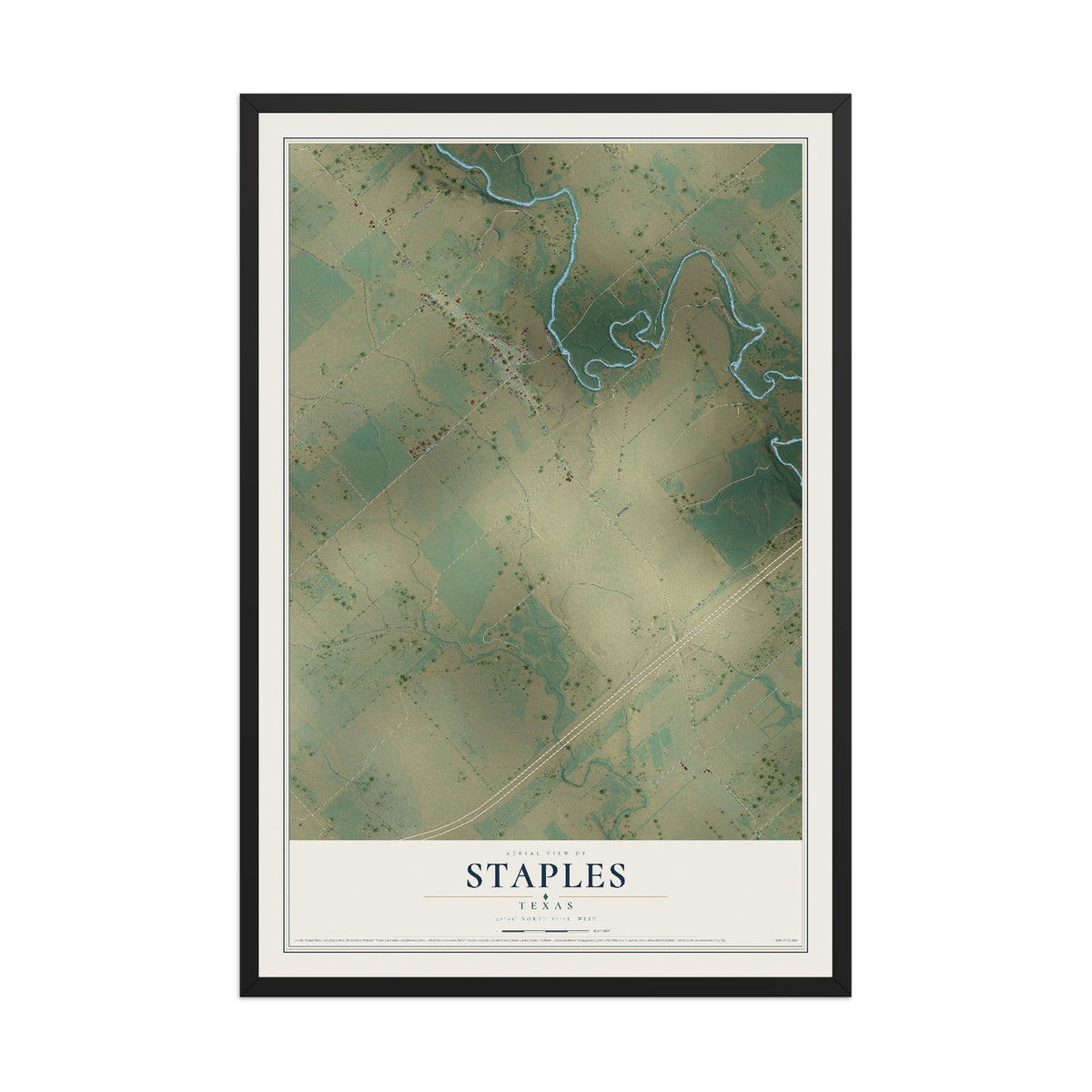 Map of Staples, Texas, 12 x 18 inch print in a black wood frame