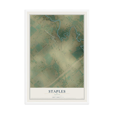 Map of Staples, Texas, 12 x 18 inch print in a white wood frame