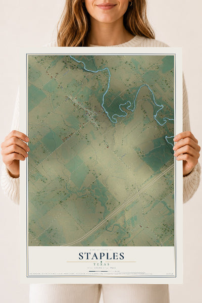 Map of Staples, Texas, 18 x 24 inch unframed archival matte print