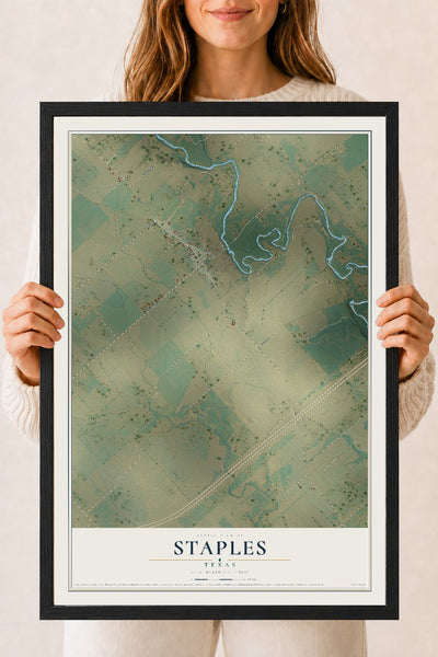 Map of Staples, Texas, 18 x 24 inch print in a black wood frame