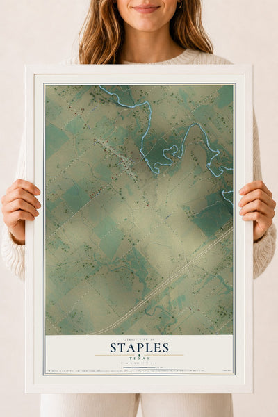 Map of Staples, Texas, 18 x 24 inch print in a white wood frame