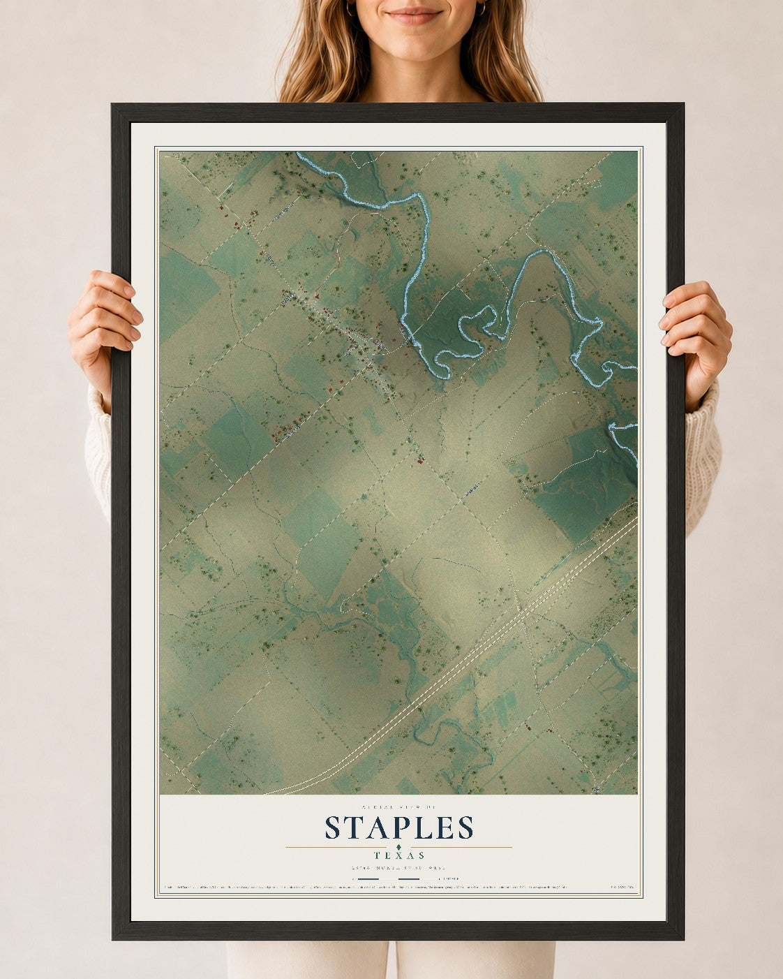 Map of Staples, Texas, 24 x 36 inch print in a black wood frame
