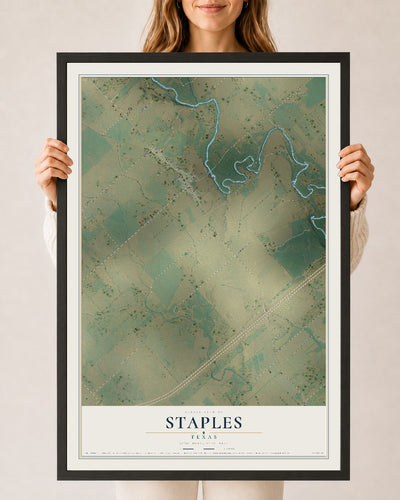 Map of Staples, Texas, 24 x 36 inch print in a black wood frame