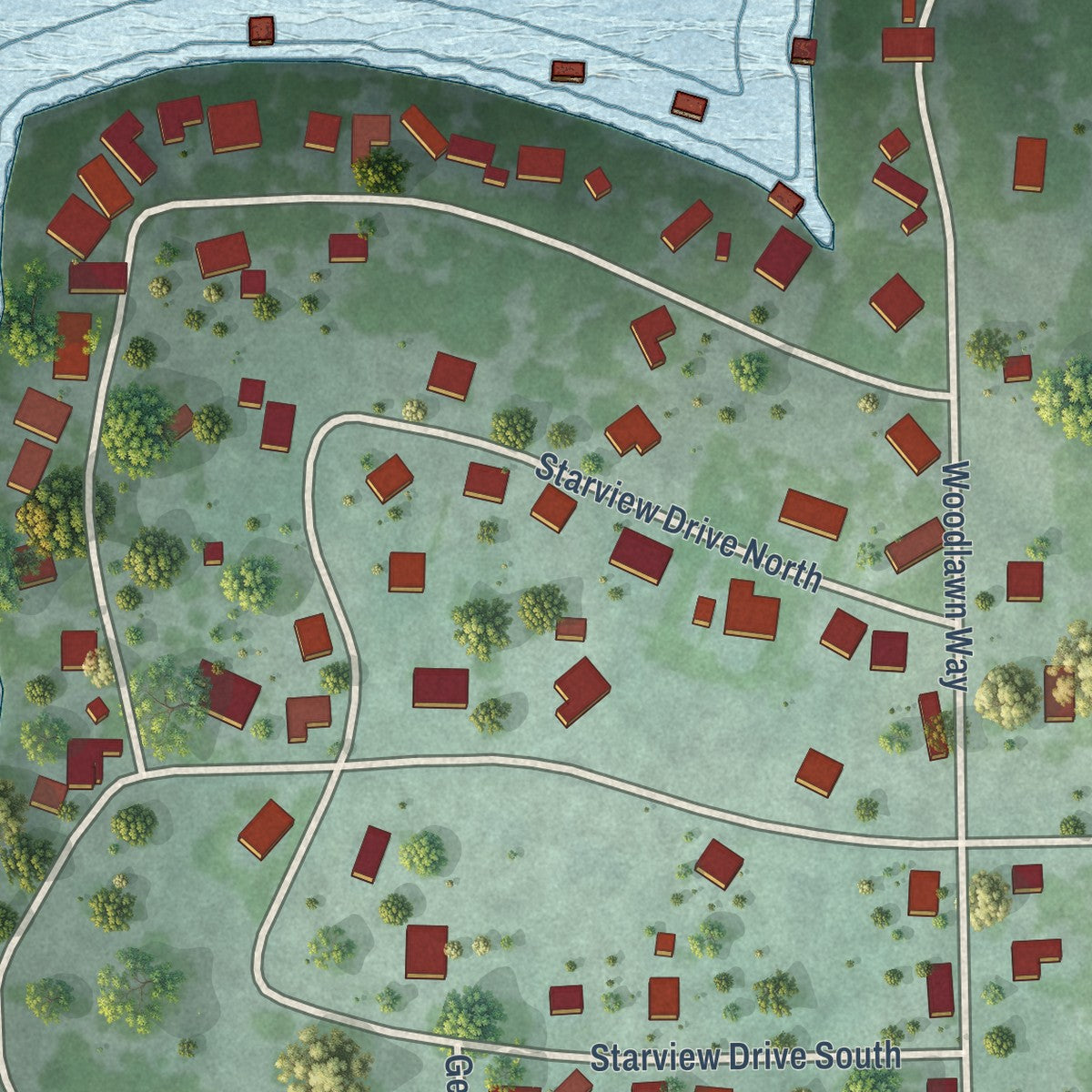 Close-up of the map of Star Harbor, Texas print showing street and building detail