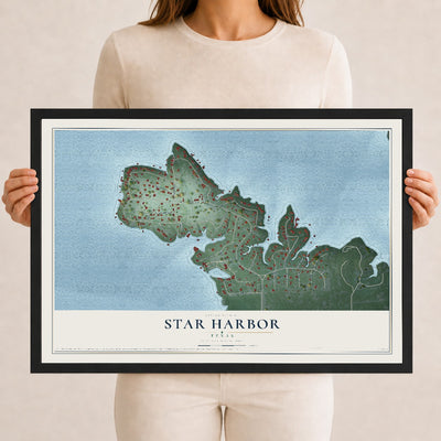 Map of Star Harbor, Texas, 12 x 18 inch print in a black wood frame