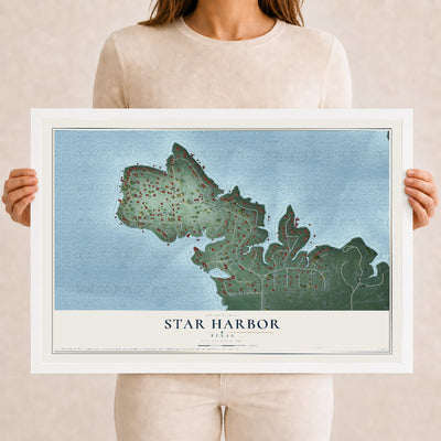 Map of Star Harbor, Texas, 12 x 18 inch print in a white wood frame