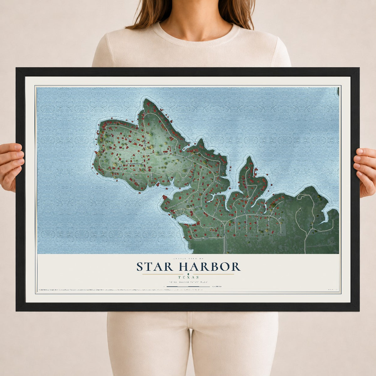 Map of Star Harbor, Texas, 18 x 24 inch print in a black wood frame