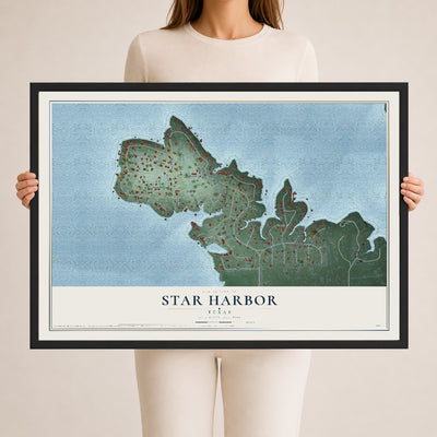 Map of Star Harbor, Texas, 24 x 36 inch print in a black wood frame