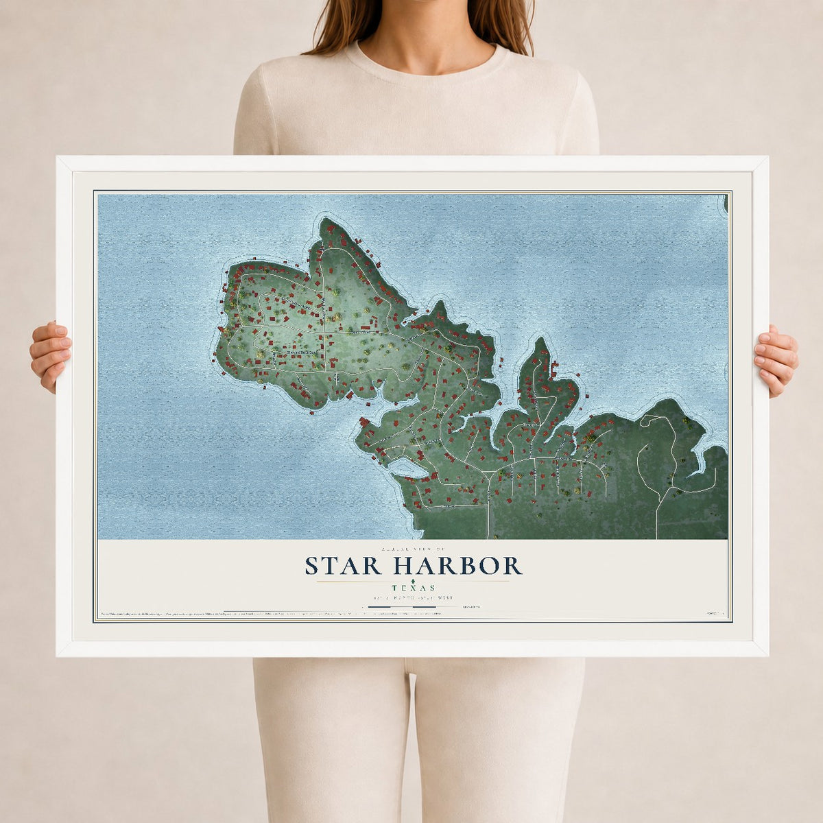 Map of Star Harbor, Texas, 24 x 36 inch print in a white wood frame