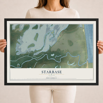 Map of Starbase, Texas, 18 x 24 inch print in a black wood frame