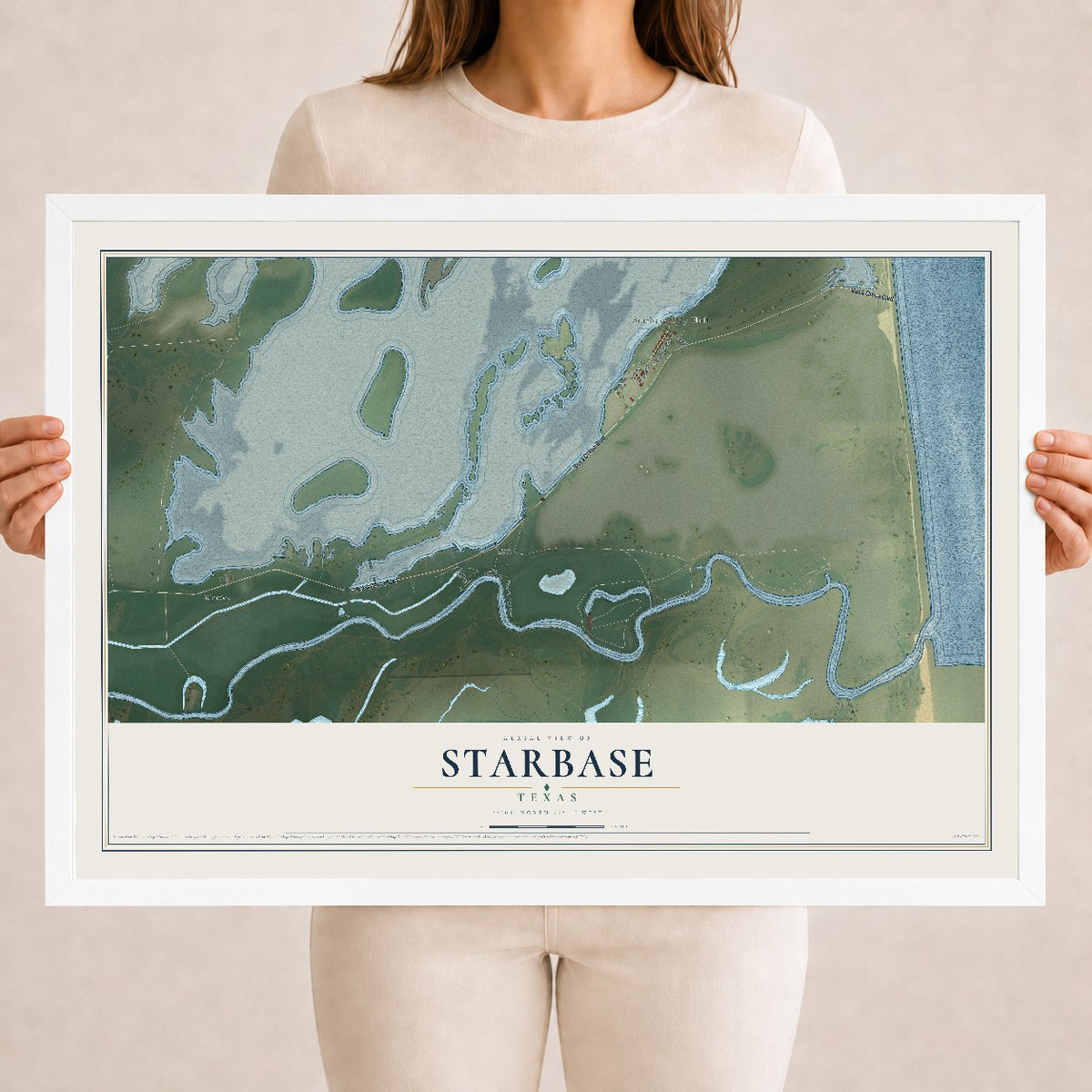 Map of Starbase, Texas, 18 x 24 inch print in a white wood frame