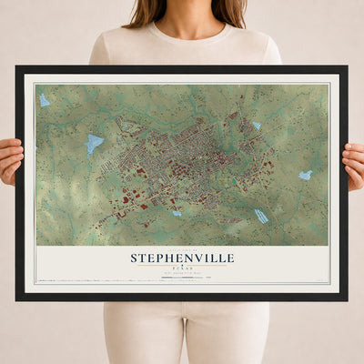 Map of Stephenville, Texas, 18 x 24 inch print in a black wood frame