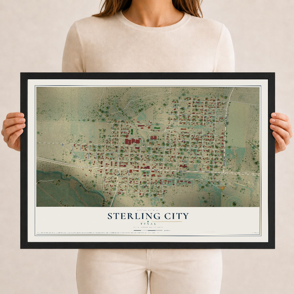 Map of Sterling City, Texas, 12 x 18 inch print in a black wood frame