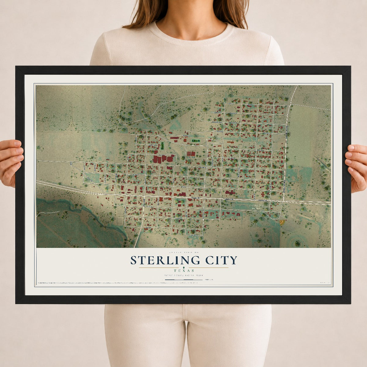 Map of Sterling City, Texas, 18 x 24 inch print in a black wood frame