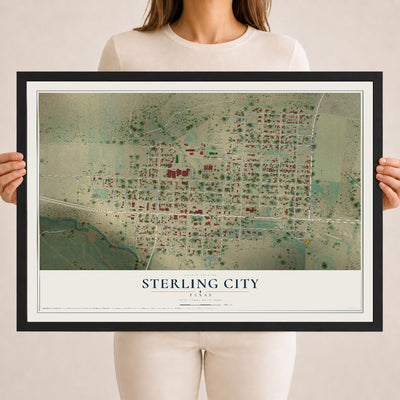 Map of Sterling City, Texas, 18 x 24 inch print in a black wood frame