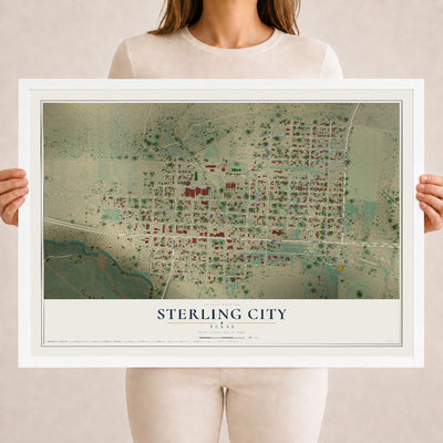 Map of Sterling City, Texas, 18 x 24 inch print in a white wood frame