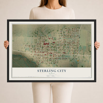 Map of Sterling City, Texas, 24 x 36 inch print in a black wood frame