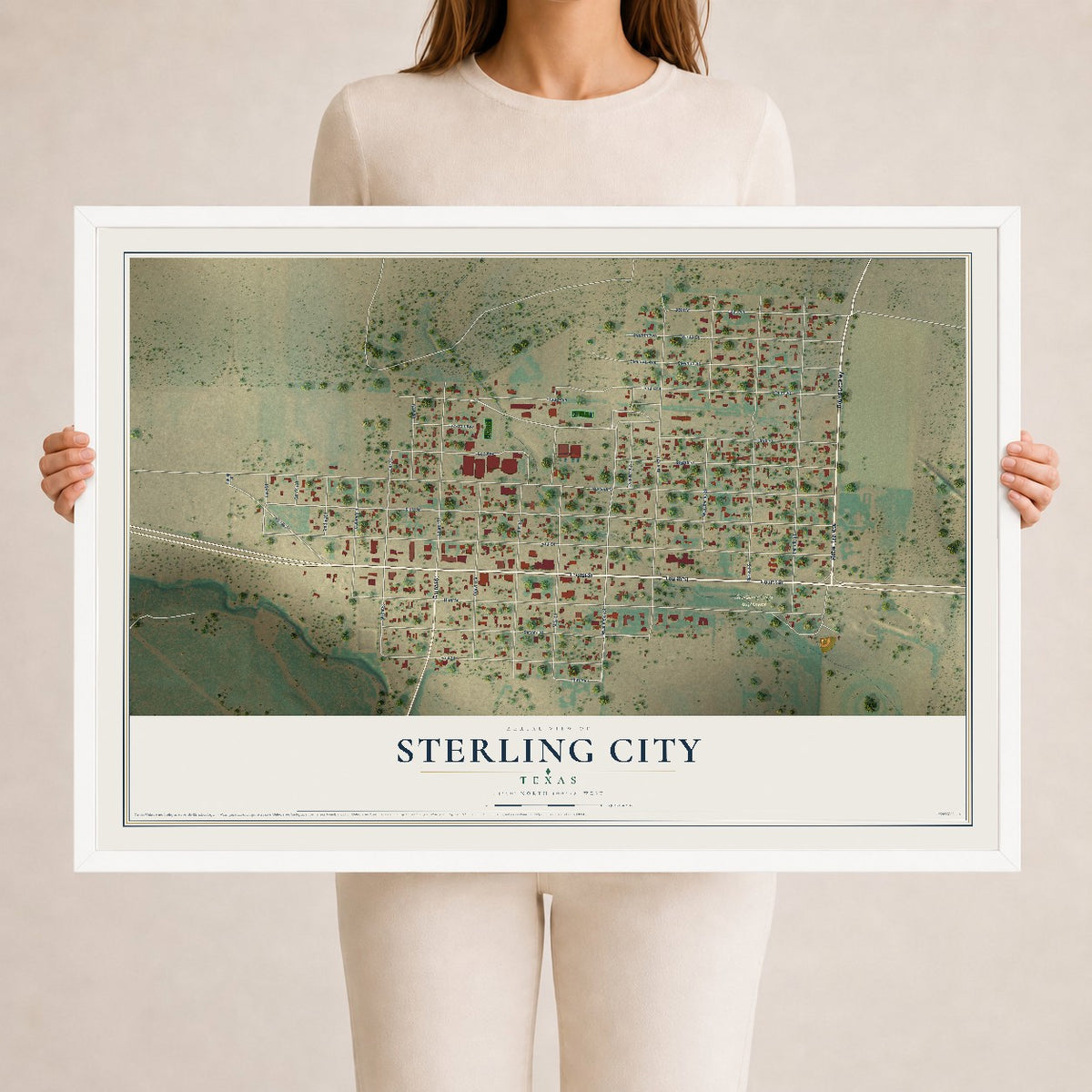 Map of Sterling City, Texas, 24 x 36 inch print in a white wood frame