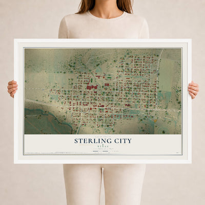 Map of Sterling City, Texas, 24 x 36 inch print in a white wood frame