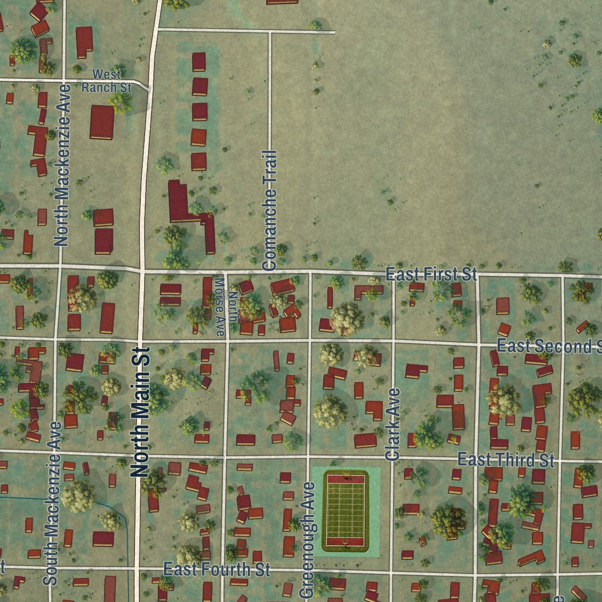 Second close-up of the map of Stinnett, Texas print showing more streets and buildings