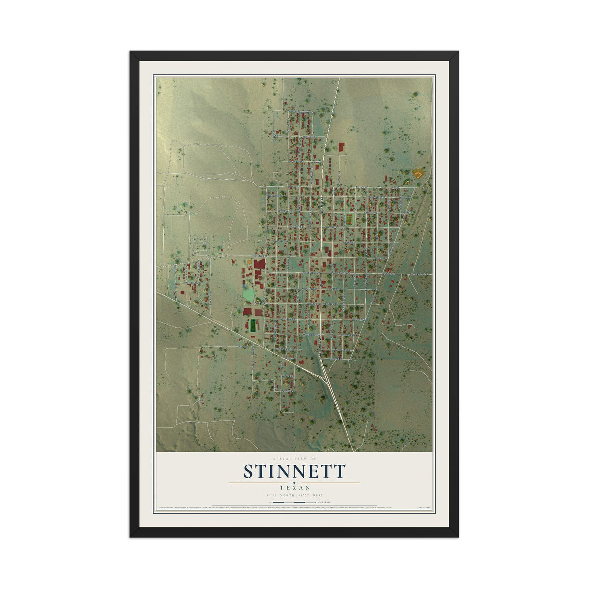Map of Stinnett, Texas, 12 x 18 inch print in a black wood frame