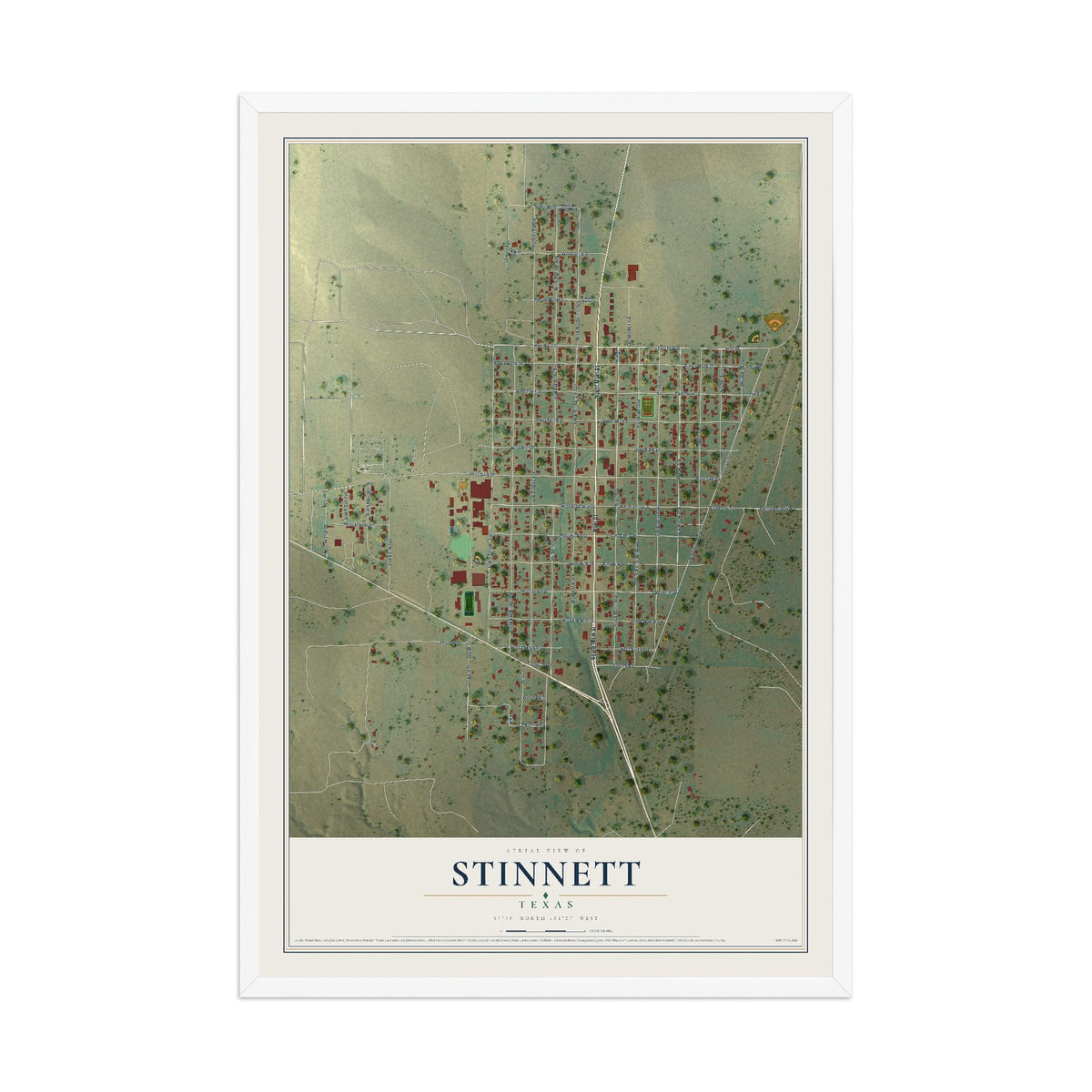 Map of Stinnett, Texas, 12 x 18 inch print in a white wood frame