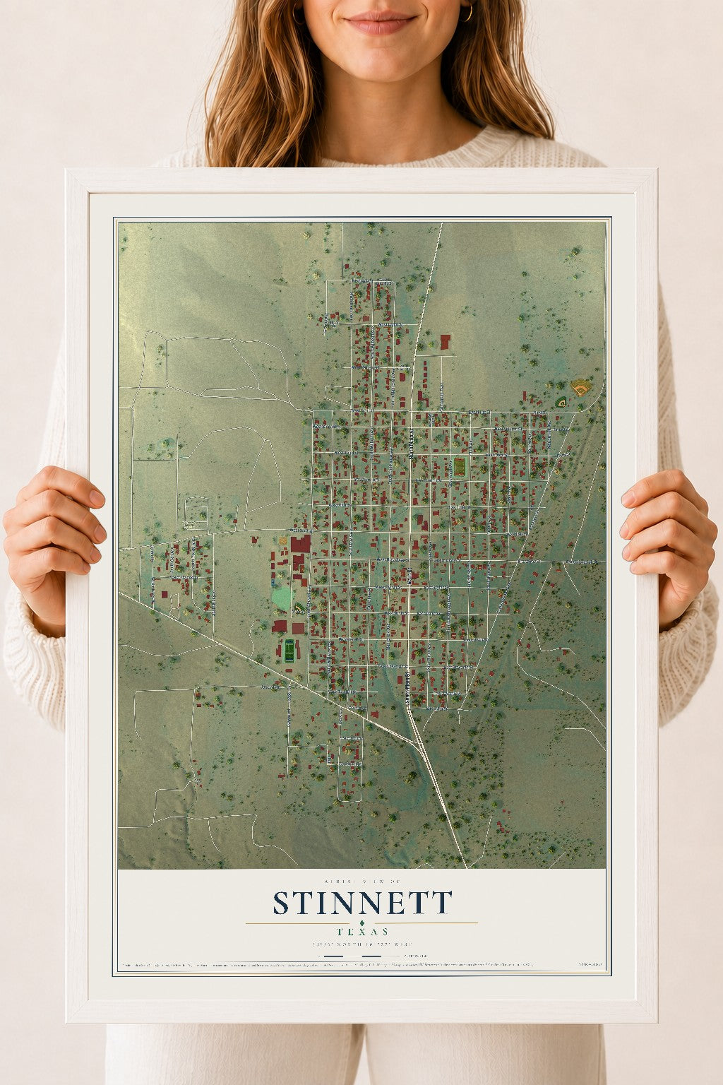 Map of Stinnett, Texas, 18 x 24 inch print in a white wood frame