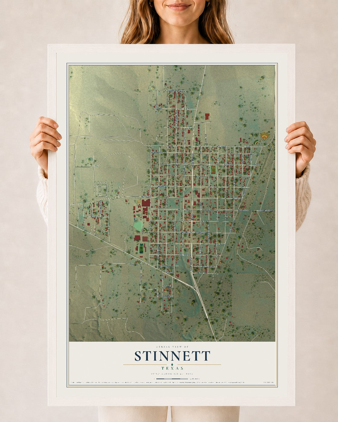Map of Stinnett, Texas, 24 x 36 inch print in a white wood frame