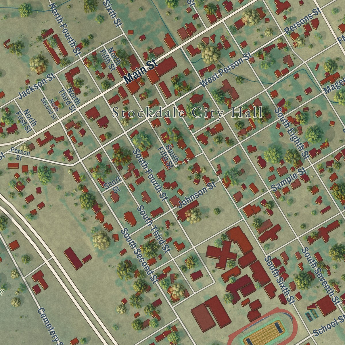 Close-up of the map of Stockdale, Texas print showing street and building detail