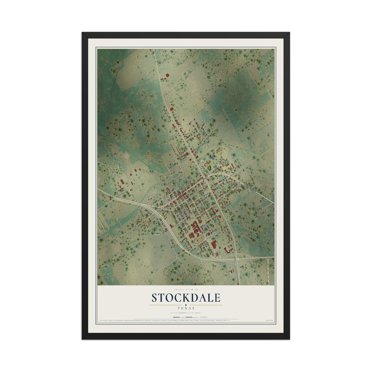 Map of Stockdale, Texas, 12 x 18 inch print in a black wood frame