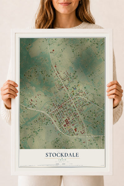 Map of Stockdale, Texas, 18 x 24 inch print in a white wood frame