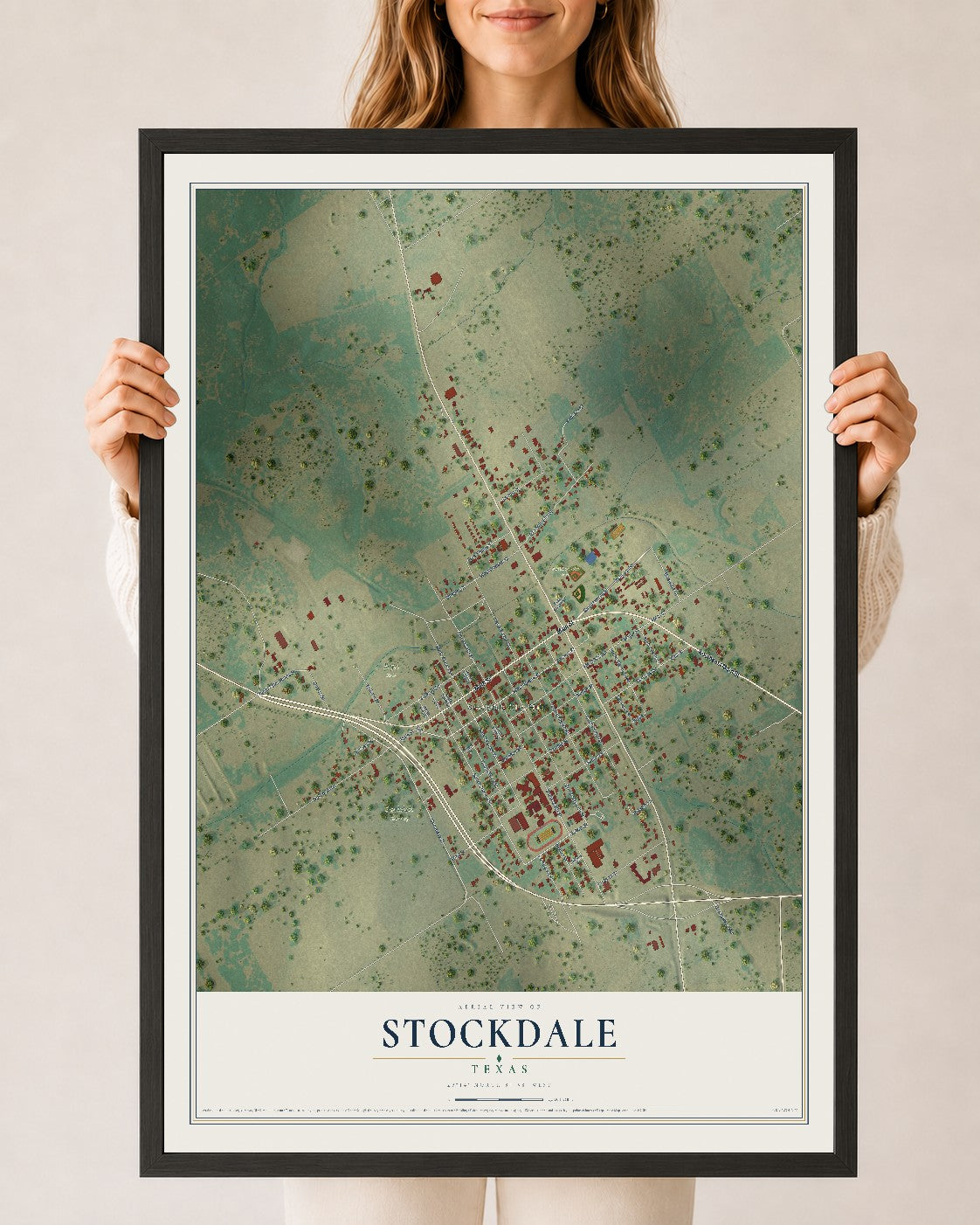 Map of Stockdale, Texas, 24 x 36 inch print in a black wood frame