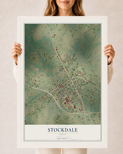 Map of Stockdale, Texas, 24 x 36 inch print in a white wood frame